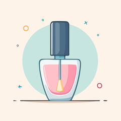 Pink nail polish in a clear glass bottle with a dark cap cartoon vector illustration.