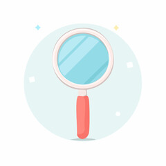 Cute cartoon magnifying glass with a white frame reflective blue lens and a simple red handle.