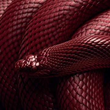 Close-up of red snake scales coiled in detail &ndash; suitable for wildlife magazines, danger symbolism, luxury design, and artistic textures
