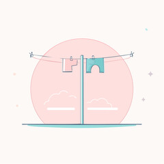 Minimalist line art of a pastel pink shirt and blue pants drying on a clothesline.