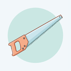 Cartoon hand saw illustration with a peach handle and sharp steel blade.