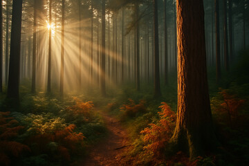 Fototapeta premium Sunlight filtering through misty forest trees, illuminating a quiet winding path in serene natural landscape.