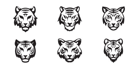 Fototapeta premium Tiger Head Icon Set – Wild Animal Vector Silhouettes and Emblems
