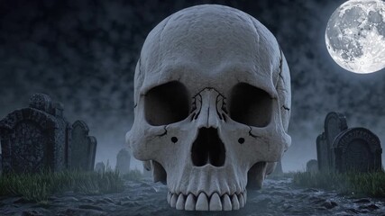 Hauntingly Elegant Skull Amidst the Shadows of a Moonlit Graveyard Ideal for Striking Imagery in Dark Themed Projects, Evoking a Sense of Mystery and Anticipation.