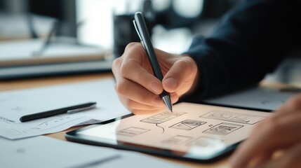 Person sketching UI design on tablet with workspace