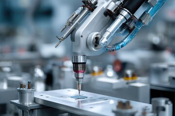 Robotic arm machining metal workpiece in factory setting