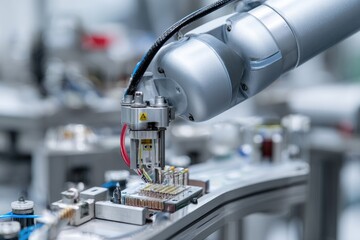 Robotic arm assembling electronics on a production line