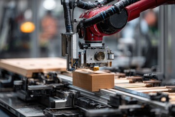 Robotic arm machining wood panel in automated factory