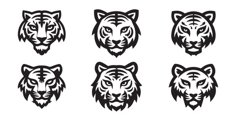 Obraz premium Tiger Head Icon Set – Wild Animal Vector Silhouettes and Emblems