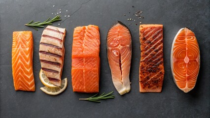 6 different type of salmon steak with herb on the black rock
