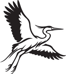 Obraz premium Heron in flight silhouette bird vector, Flying water bird black and white
