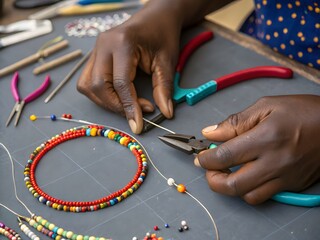 Close up of hands crafting beaded jewelry with pliers on a gray work surface top