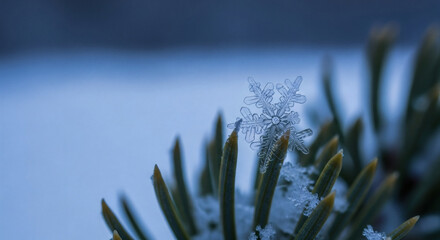 Close-up of a delicate snowflake resting on pine needles covered in snow.