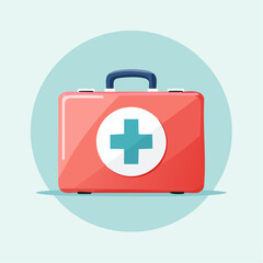 Obraz premium Red and white medical first aid kit with a blue handle and cross symbol Vector illustration of an emergency case.