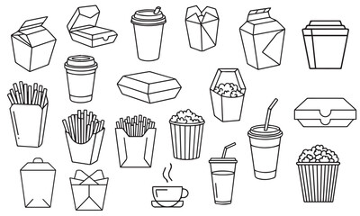 Cardboard food boxes outline set. Takeaway containers. Paper and plastic takeaway containers set. Empty snack packaging. Carton disposable, recyclable packs. Vector illustrations isolated