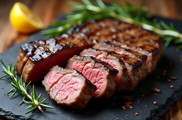 Sizzling Gourmet Beef Steak Slices with Herbs and Spices ai generated