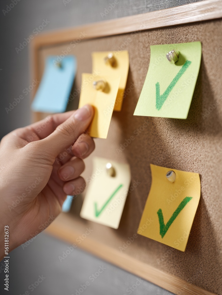 Poster hand pinning colorful sticky notes to a bulletin board for organization and reminders in a tidy work
