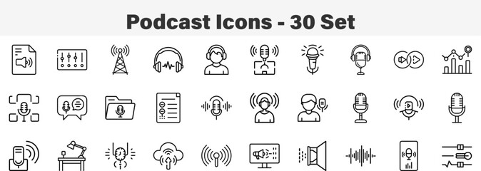 Podcast and Audio Broadcasting Line Art Icons