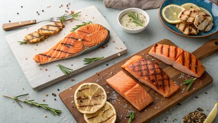 5 different grilled salmon steak with vegetables
