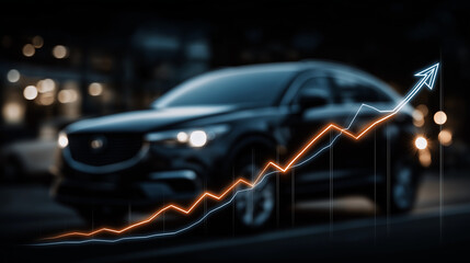 Automotive Market Growth: Dynamic image of a car against a blurred urban backdrop, with an upward trending line graph superimposed, symbolizing growth.