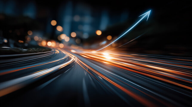 Navigating the Path to Prosperity: Dynamic streaks of light surge across the frame, symbolizing rapid progress.