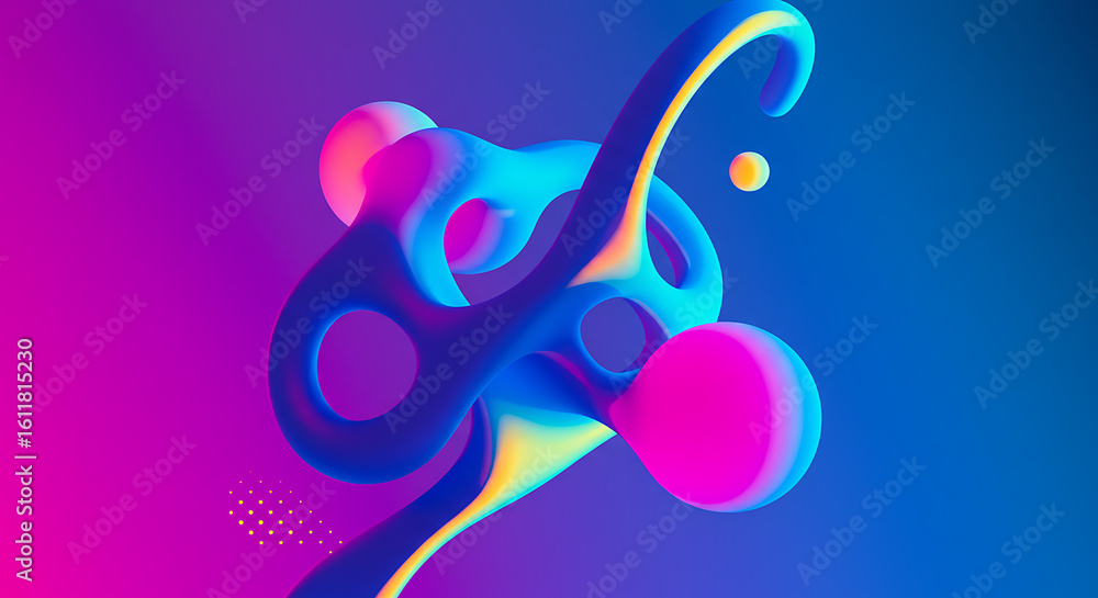 Poster dynamic 3d abstract art featuring flowing liquid shapes and spheres with a vibrant neon gradient, a 