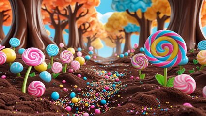 Whimsical Candy Land Forest: A Vibrant Landscape with Giant Swirl Lollipops, Scattered Sprinkles, and Chocolate Trees

