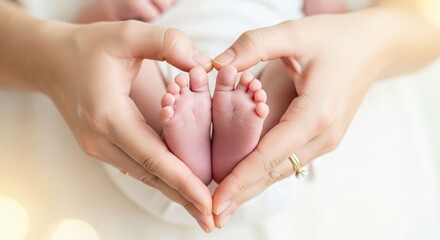 Loving hands cradle tiny newborn feet forming a heart shape, symbolizing tender new life and parental devotion