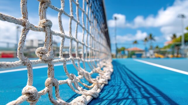 A 4K photo of 4K photo of tennis net and blue court. Individual sport..