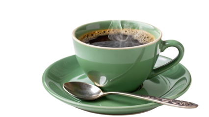 Cup of coffee with spoon green colour cup cut out isolated on white background PNG. AI GENERATED.