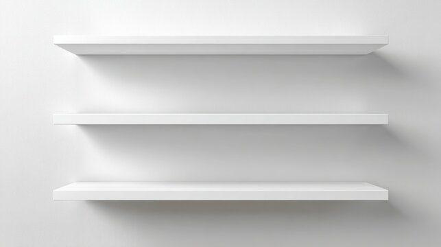 A 4K photo of 4K photo of three empty white shelves on a white wall.