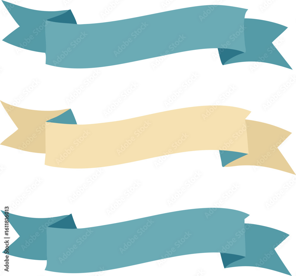 Poster collection of three flat vector ribbons in light blue and beige colors for graphic design and web de