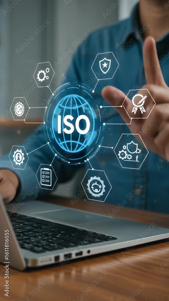 Poster iso standards technology: one person accessing compliance via digital interface for quality control 