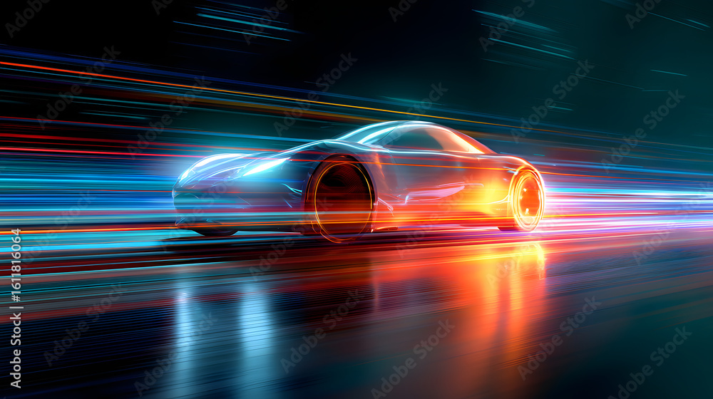 Poster futuristic car in motion with vibrant colorful light streaks and abstract background creating a dyna