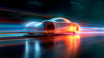 Obraz premium Futuristic car in motion with vibrant colorful light streaks and abstract background creating a dynamic and modern design