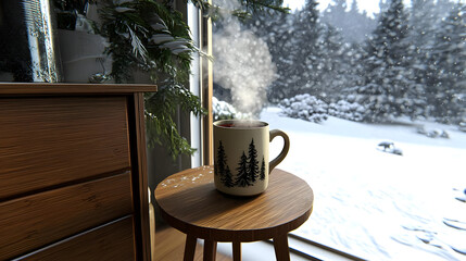 Cozy winter scene with steaming mug. Snowy landscape outside a window