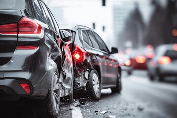 Two cars involved in a collision on a city street, showing significant damage to both vehicles
