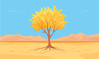 Golden autumn tree stands tall in a serene desert landscape under a clear blue sky