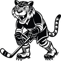 Fototapeta premium Fierce tiger mascot playing ice hockey in black and white vector illustration