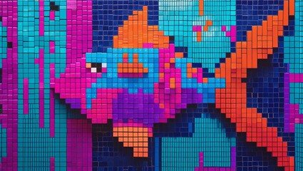 Abstract Ocean Life Art: A Creative Pixelated Fish Illustration with Varying Shades and Lively Colors on a Textured Surface