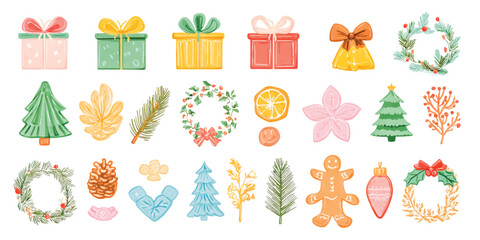 Festive Watercolor Christmas Ornament Set Featuring Gifts Trees Wreaths and Other Holiday Decorations for Cards and Designs