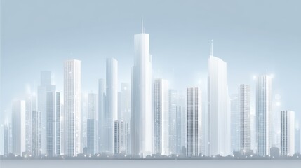 Naklejka premium A modern city skyline with tall, sleek skyscrapers in a minimalist, foggy atmosphere