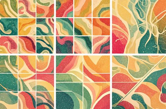 Colorful Retro Abstract Wavy Patterns Collage.