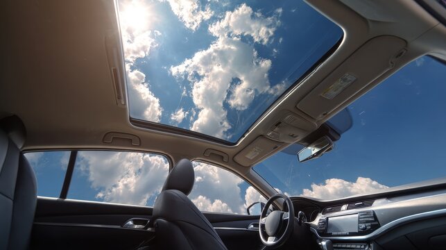 A 4K photo of 4K photo of car has a panoramic glass sun roof, Clear glass and an interior to sky view.