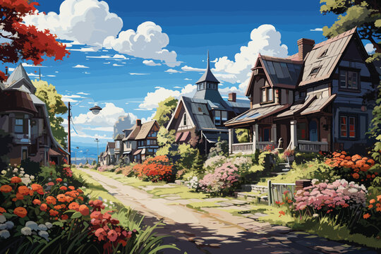 Peaceful Suburban Street vector and illustration 