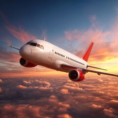Obraz premium A commercial airplane with red accents flies above the clouds during a vibrant sunset, creating a dramatic and colorful sky backdrop