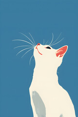 cute white cat sitting, minimalist poster with bright blue background, flat retro style illustration, warm clean colors, modern home decor vibe