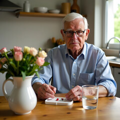 Elderly man in blue shirt sitting at kitchen table with flowers, natural light background, concept of health care and medication for seniors