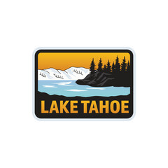 Lake Tahoe Badge Stickers Patch Vector illustration with lake, tree, mountain and sunset
