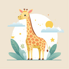 Obraz premium Charming flat design cartoon giraffe with orange spots and a gentle smiling expression.